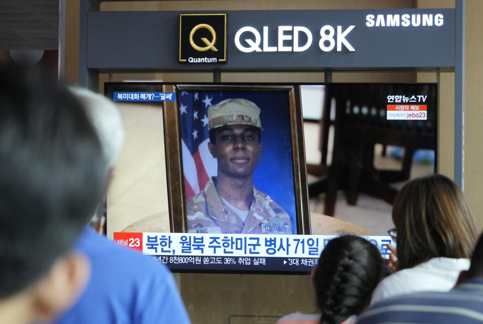 A TV screen shows a file image of American soldier Travis King during a news program at the Seoul Railway Station in Seoul, South Korea, Thursday, Sept. 28, 2023. Just over two months after he sprinted into North Korea across the heavily fortified inter-Korean border, King was put on a plane back to America after the North released him into U.S. custody. (AP Photo/Ahn Young-joon)