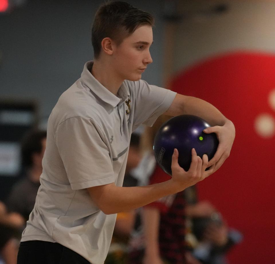 Rockaway, NJ -- January 25, 2024 -- Nick Brindisi of Jefferson bowling in the semi final as Roxbury won the Morris County Bowling Championship by defeating Montville in the finals. The tournament was played at Rockaway Lanes.