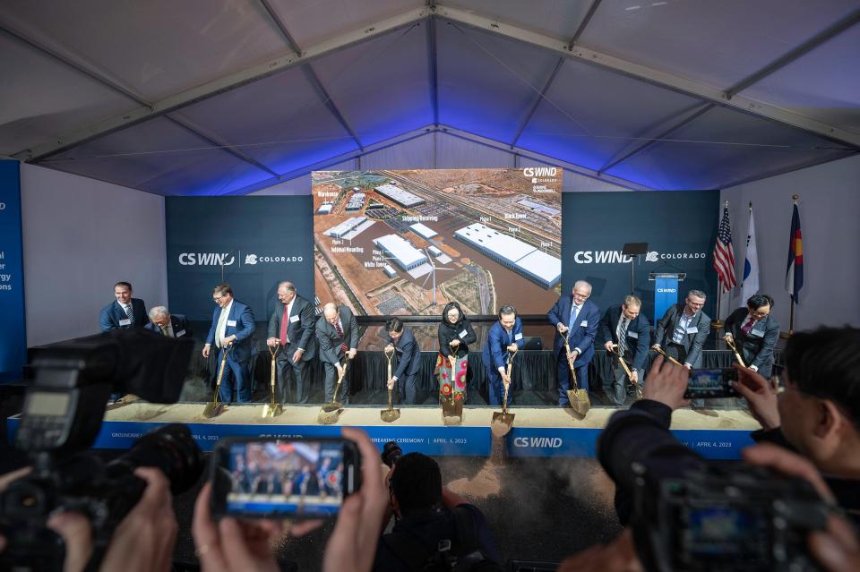 A groundbreaking ceremony takes place for the expansion of CS Wind on Tuesday, April 4, 2023, in Pueblo, Colo.
