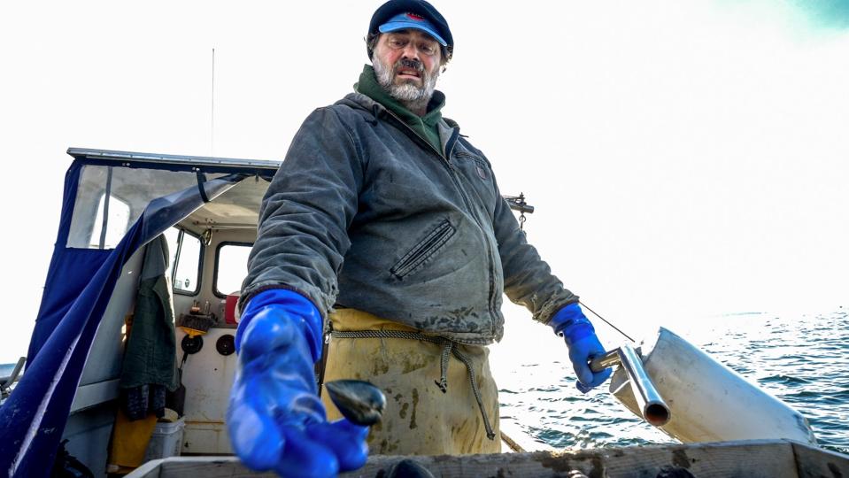 David Ghigliotty shows his disappointing haul on a December day spent quahogging in Narragansett Bay.