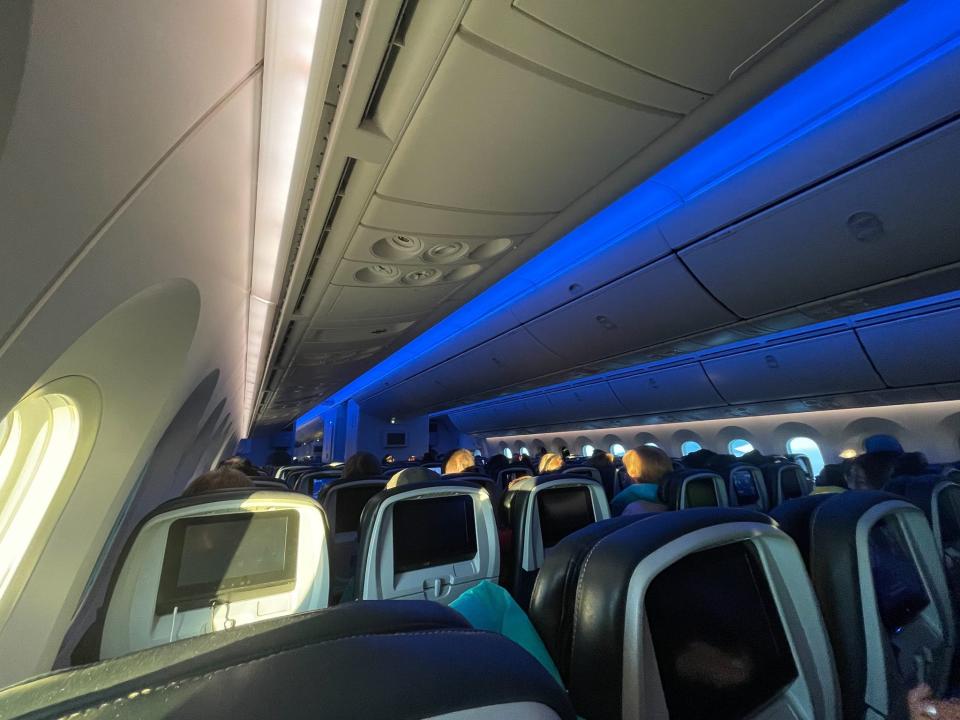 An overview of the economy cabin on a Boeing Dreamliner.
