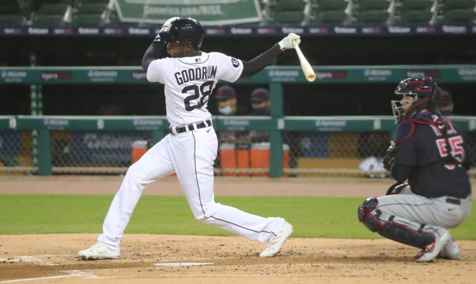 Tigers second baseman Niko Goodrum bats against Indians pitcher Zach Plesac at Comerica Park on Friday, Sept. 18, 2020.