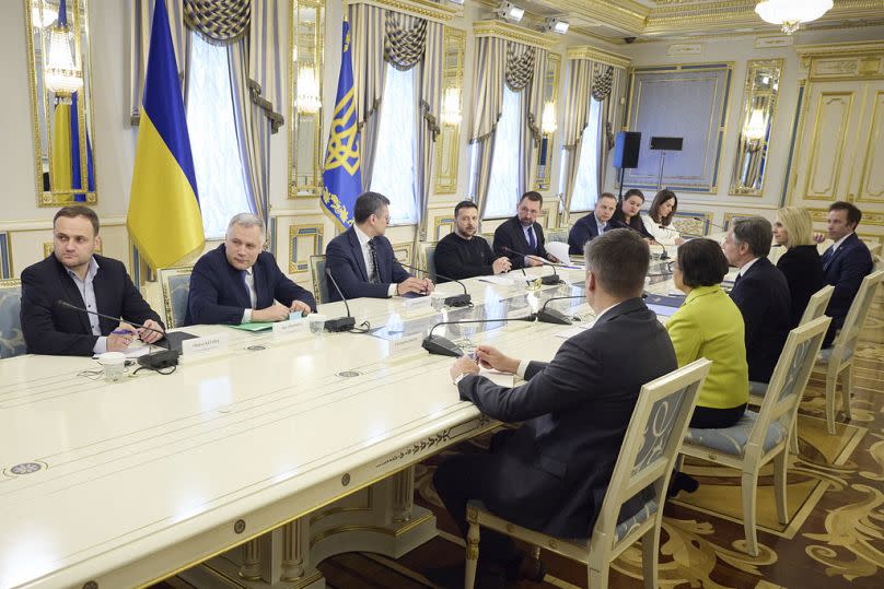 kraine's President Volodymyr Zelenskyy, fourth left, speaks during a meeting with U.S. Secretary of State Antony Blinken, third right, in Kyiv, Ukraine, Tuesday, May 14, 2024.