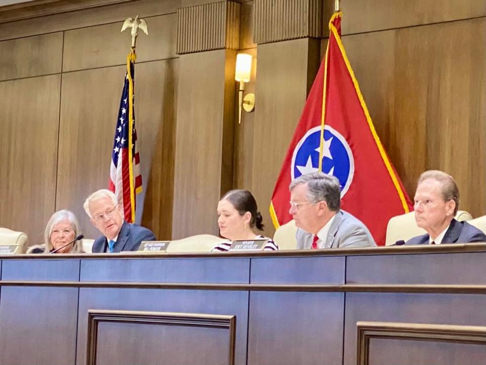 Members of a legislative panel to review federal K-12 education funding and outline a strategy for the state to reject those funds meet for the first time on Nov. 6, 2023 at the Cordell Hull State Legislative Office Building in Nashville.