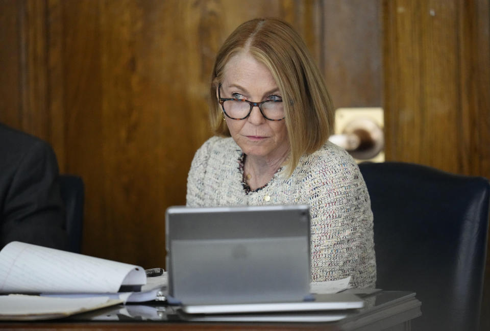 Jane Raskin, attorney from the Colorado Republican State Central Committee, looks on during a hearing for a lawsuit to keep former President Donald Trump off the state ballot in court Wednesday, Nov. 1, 2023, in Denver. (AP Photo/Jack Dempsey, Pool)