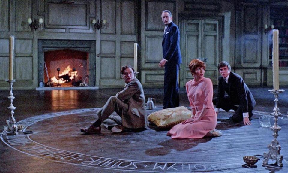 The Devil Rides Out, 1968. From left: Paul Eddington, Christopher Lee, Sarah Lawson and Patrick Mower.