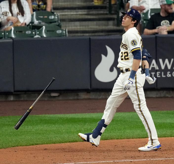Milwaukee Brewers left fielder Christian Yelich (22) reacts after striking out during the fourth inning of their game against the New York Mets Tuesday, September 20, 2022 at American Family Field in Milwaukee, Wis.