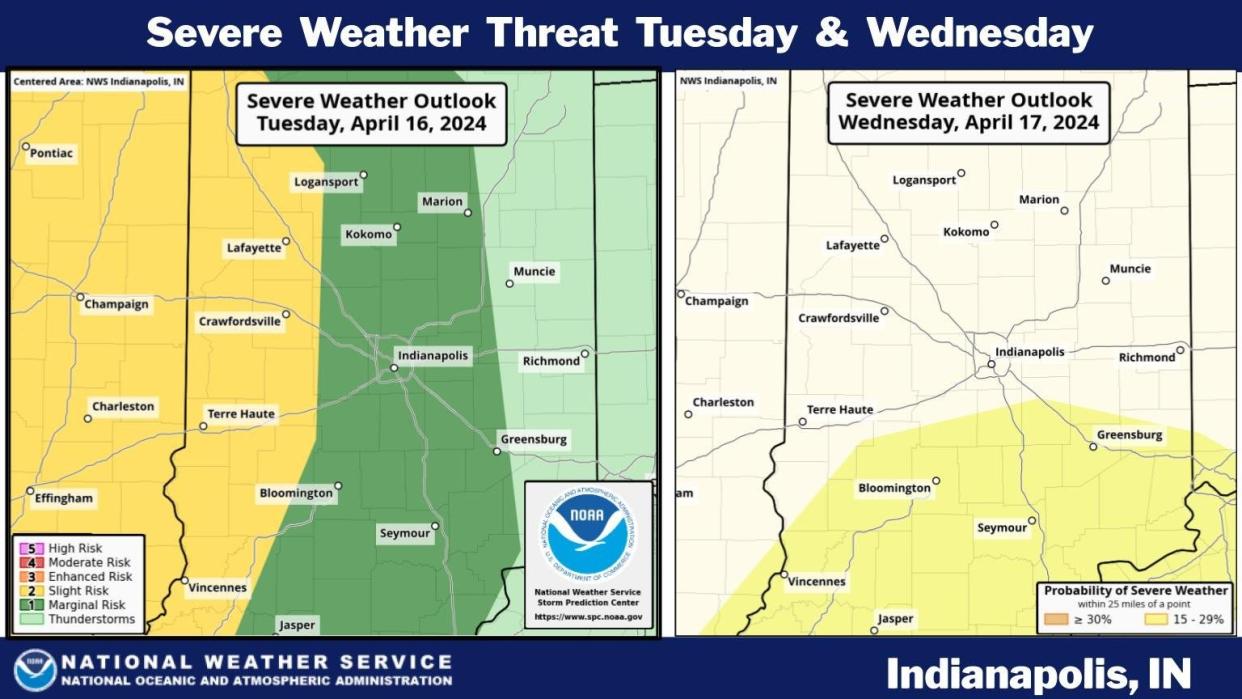 Thunderstorms could roll through portions of Central and Southern Indiana beginning Monday evening, with a chance of more severe weather later this week.