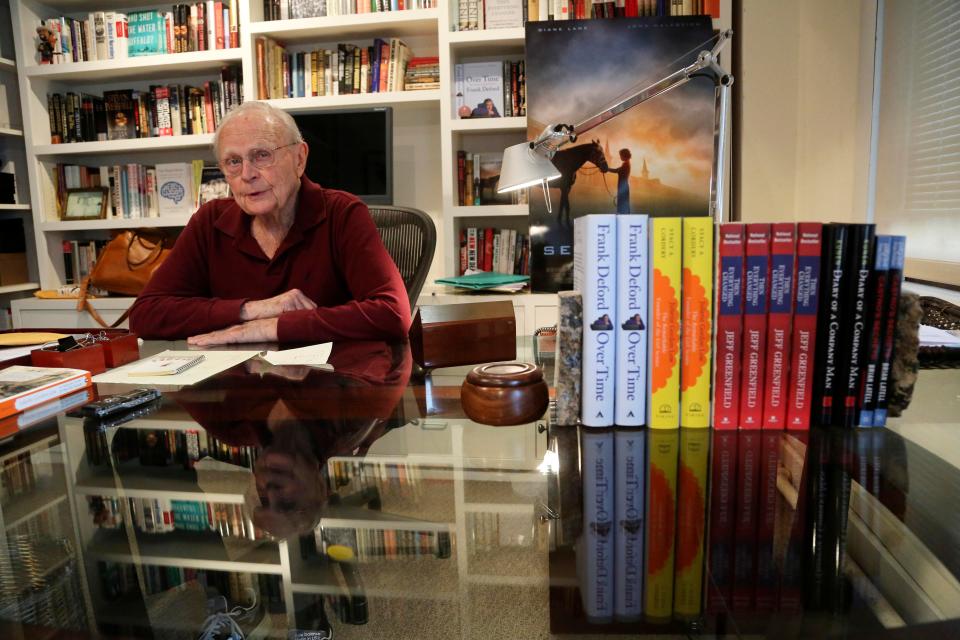 In this Tuesday, Jan. 8 2013 photo, literary agent Sterling Lord speaks during an interview in his New York office. He died at age 102 on Sept. 3, 2022.  (AP Photo/Mary Altaffer)