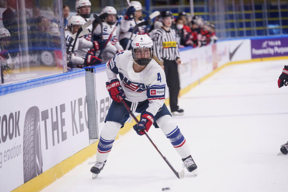 FILE - Caroline Harvey of the United States plays during the IIHF World Championship Woman's ice hockey match against Japan in Herning, Denmark, Thursday, Aug. 25, 2022. In 13 short months, United States defender Caroline Harvey has put aside a lack of playing time at the Beijing Winter Games to winning an NCAA Tournament title to close her freshman season at Wisconsin and establishing herself as key fixture on a young, retooling American team at the women's world hockey championships.(Bo Amstrup/Ritzau Scanpix via AP, File, File)