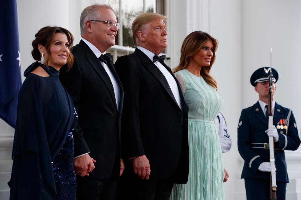 President Donald Trump and first lady Melania Trump welcome Australian Prime Minister Scott Morrison and his wife Jenny Morrison during for a State Dinner at the White House, Friday, Sept. 20, 2019, Washington.