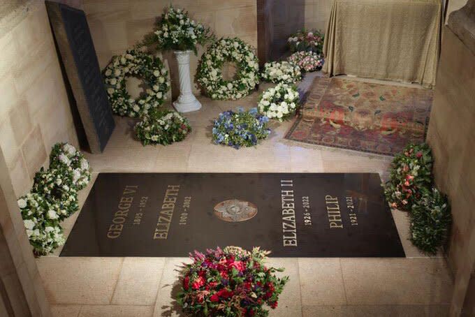 A ledger stone has been installed at the King George VI Memorial Chapel, following the interment of Her Majesty Queen Elizabeth. The King George VI Memorial Chapel sits within the walls of St George’s Chapel, Windsor. Credit: The Royal Family
