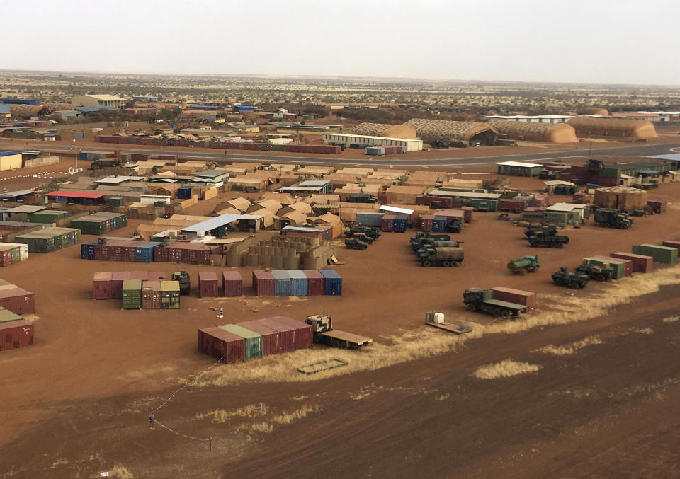 In this photo taken on Friday, Nov. 1, 2019, an aerial view of Goa airport in Mali, where French soldiers have massive presence. Mali’s military has abandoned some of its most isolated outposts in the desert north while extremist attacks have killed more than 100 soldiers in just six weeks. The West African nation’s president faces a decline in military morale, a sentiment that helped spark a coup against his predecessor in 2012. (AP Photo/Baba Ahmed)