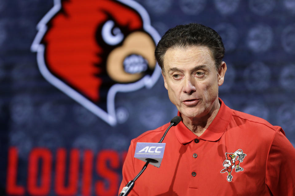 FILE - In this Oct. 26, 2016, file photo, Louisville NCAA college basketball head coach Rick Pitino answers a question during the Atlantic Coast Conference media day in Charlotte, N.C. The University of Louisville Athletic Association and Rick Pitino have agreed to settle a federal lawsuit, with the former Cardinals men's basketball coach's changing his termination to a resignation. The settlement unanimously approved Wednesday, Sept. 18, 2019, by the ULAA states that Pitino has received compensation and the school agrees not to pursue further legal action. (AP Photo/Bob Leverone, FIle)