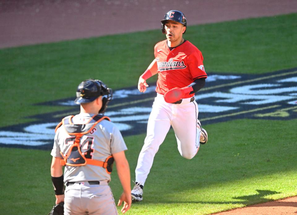 Guardians outfielder Steven Kwan scores in the sixth against the Tigers in Game 1 of the ALDS, Oct. 5, 2024, in Cleveland.