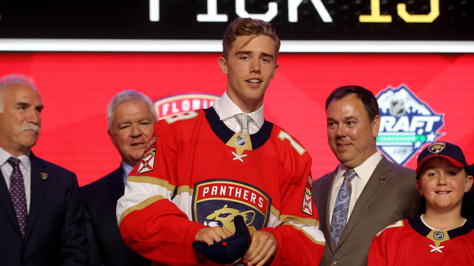 Florida Panthers prospect Spencer Knight should feature as the tournament's best goaltender and lead the United States into medal contention. (Bruce Bennett/Getty Images)