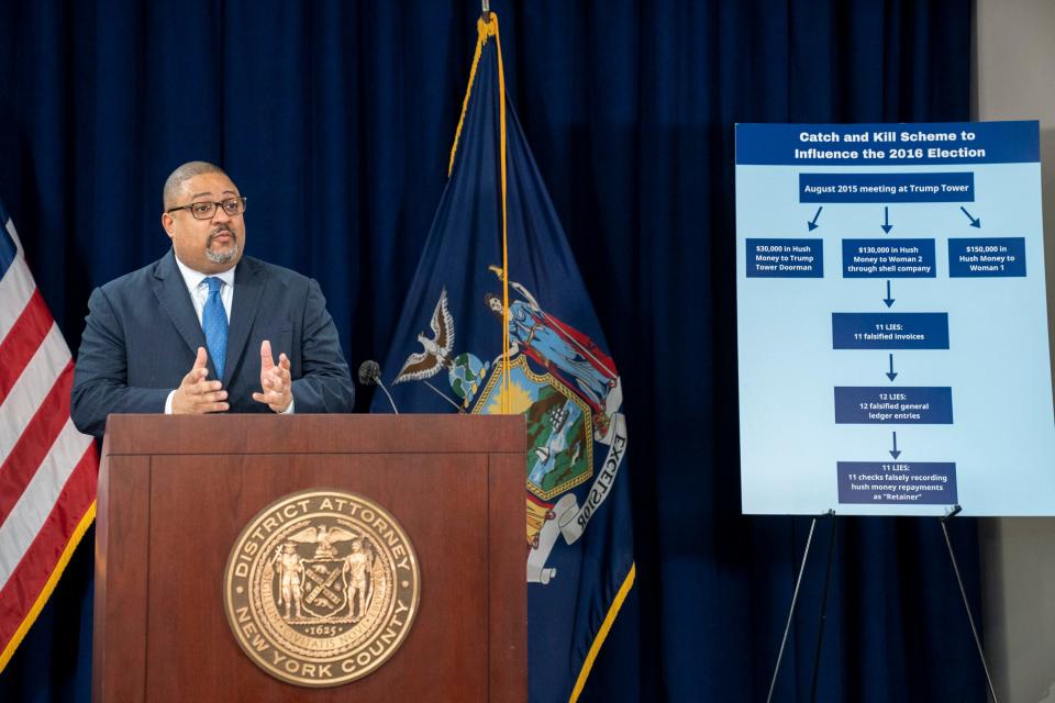 Manhattan District Attorney Alvin L. Bragg Jr. give a press conference detailing the charges against former President Donald Trump on April 4, 2023. Trump was arraigned at the Manhattan Criminal Courthouse in New York City after a grand jury voted to indict him. The grand jury has been hearing evidence related to money paid to adult film star Stormy Daniels during Trump’s 2016 presidential campaign.