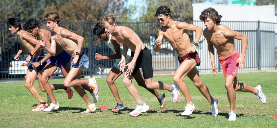 Daniel Appleford (left to right), Hector Martinez, Colin Sahlman, Aaron Cantu, Aaron Sahlman, Leo Young, and Lex Young are off and running during a Newbury Park training session at Conejo Creek South in Thousand Oaks on Tuesday, Nov. 23, 2021. The boys team will go for its third straight state championship on Saturday in Fresno.