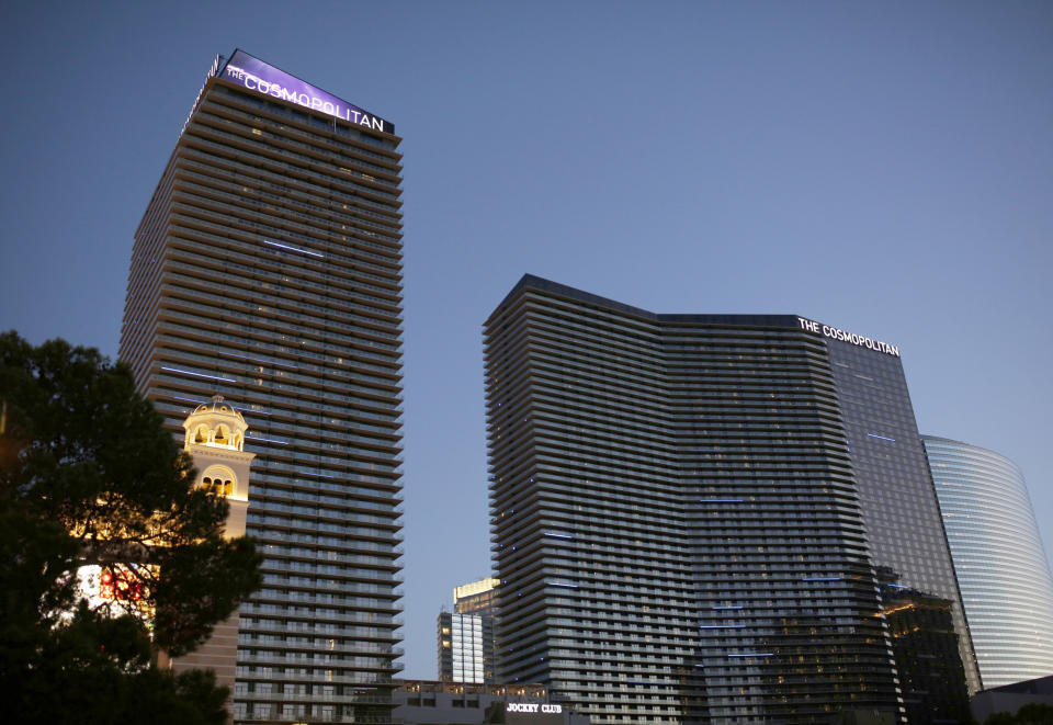 FILE - This July 1, 2018 file photo shows The Cosmopolitan in Las Vegas. The Las Vegas Strip hotel-casino is denying that O.J. Simpson was defamed in November 2017 when employees banned him from the property and a celebrity news site reported the paroled former football hero and armed robbery inmate had been drunk, disruptive and unruly. The Cosmopolitan of Las Vegas rejects Simpson's argument that his reputation was damaged by unnamed hotel staff member accounts cited in a TMZ report saying he was prohibited from returning after visits to a steakhouse and cocktail lounge. (AP Photo/John Locher, File)