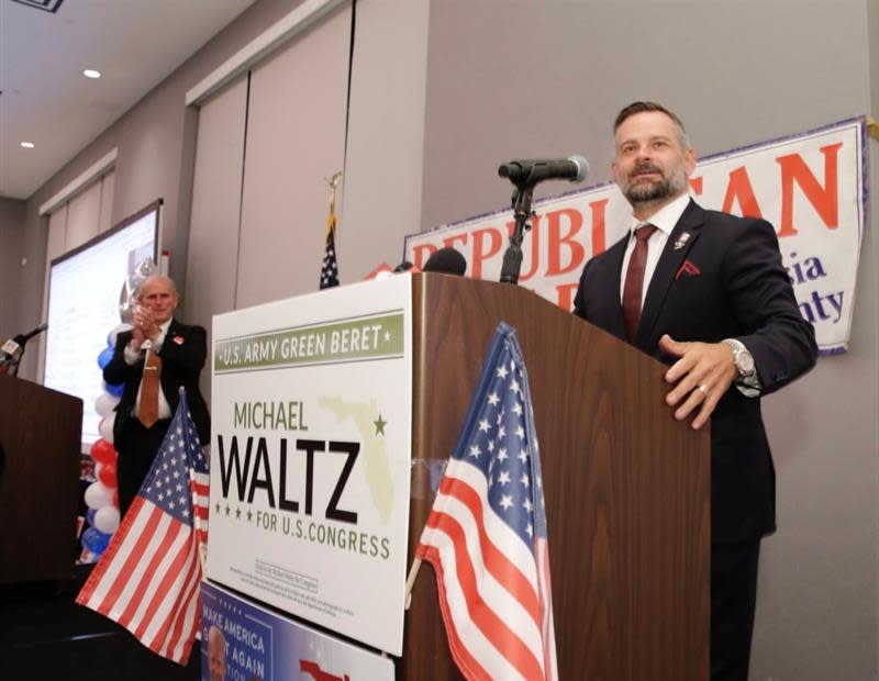 Cory Mills addresses Volusia County Republicans at a victory celebration at the Hard Rock Hotel in Daytona Beach on Tuesday. Mills defeated seven other Republicans for his party's nomination for Congress, 7th District. He faces Democrat Karen Green in November.