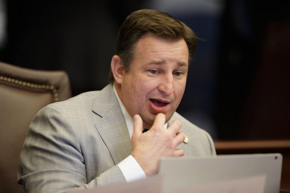 Sen. Jason Brodeur, R-Sanford, listens to debate on a bill on the Senate floor March 10.