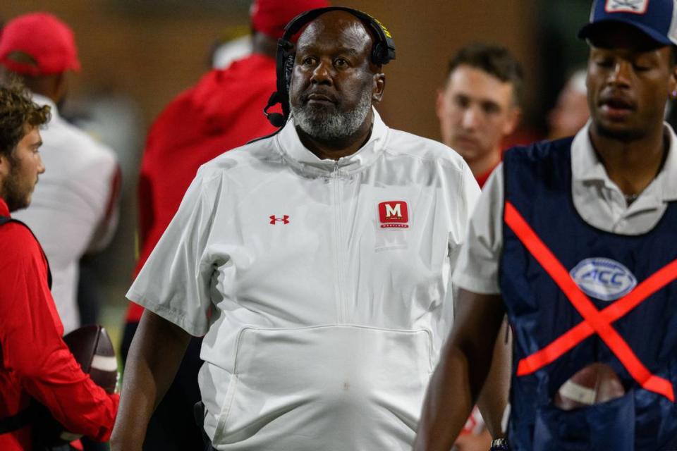 Sep 15, 2023; College Park, Maryland, USA; Maryland Terrapins head coach Mike Locksley looks on during the fourth quarter against the Virginia Cavaliers at SECU Stadium. Mandatory Credit: Reggie Hildred-USA TODAY Sports
