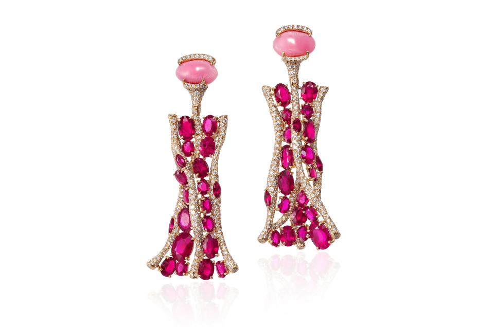Rose gold, conch pearl, ruby and diamond earrings, POA, Cindy Chao