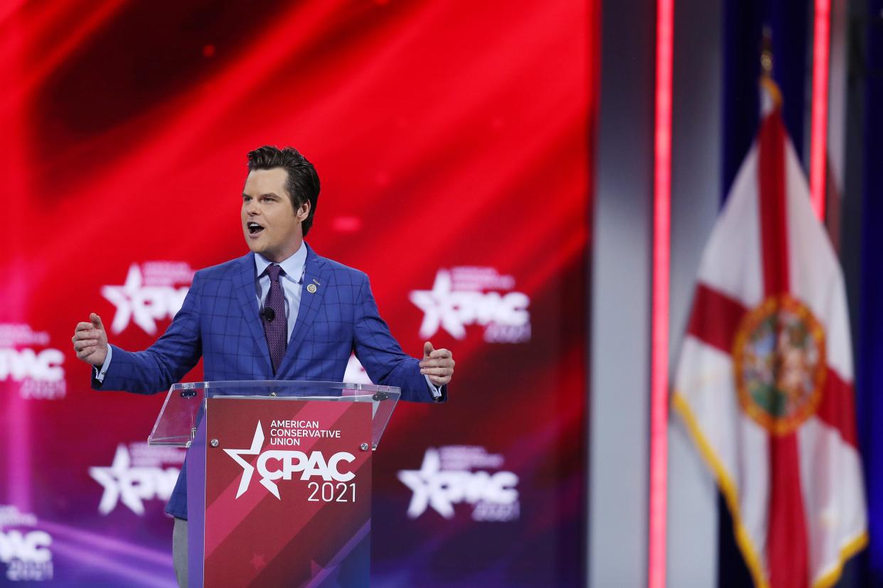 <p>File Image: Representative Matt Gaetz addresses the Conservative Political Action Conference being held in the Hyatt Regency on 26 February 2021 in Orlando, Florida</p> (Getty Images)