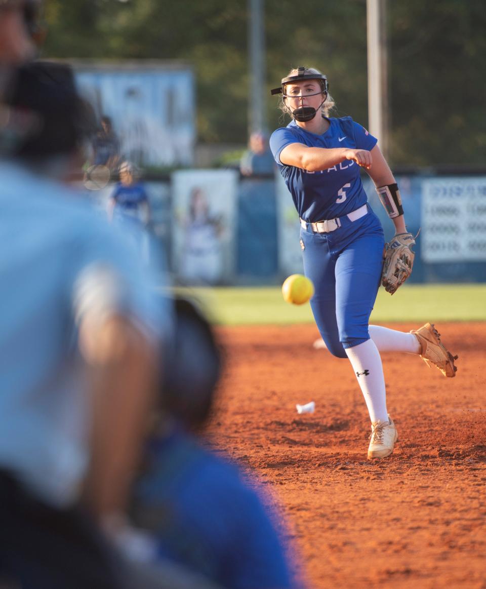 Alayna Lowery (5) pitches during the Northview vs Jay 1A regional semifinal playoff softball game at Jay High School on Thursday, May 12, 2022.