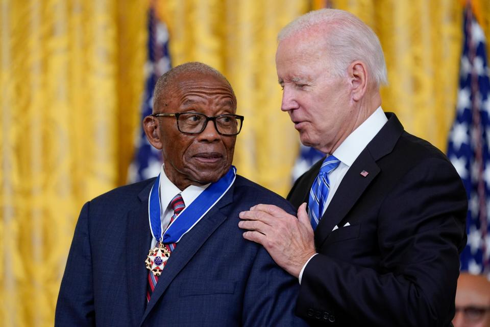 President Joe Biden awards the nation's highest civilian honor, the Presidential Medal of Freedom, to Fred Gray during a ceremony in the East Room of the White House in Washington, Thursday, July 7, 2022. Gray is a prominent civil rights attorney who represented Rosa Parks, the NAACP and Martin Luther King Jr., who called Gray "the chief counsel for the protest movement." (AP Photo/Susan Walsh)