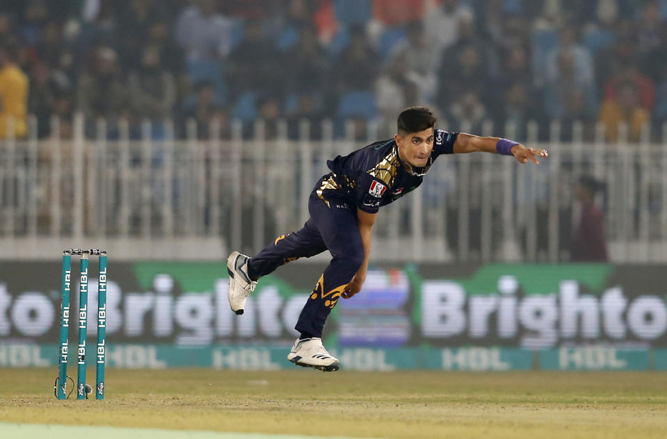 Quetta Gladiators pacer Naseem Shah bowls during a Pakistan Super League T20 cricket match against Islamabad United at Rawalpindi Stadium, in Rawalpindi, Pakistan, Thursday, Feb. 27, 2020. (AP Photo/Anjum Naveed)