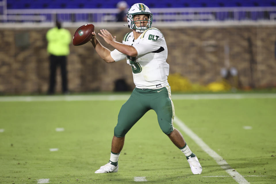 Charlotte quarterback Chris Reynolds (3) throws a pass during the first quarter against Duke in an NCAA college football game Saturday, Oct. 31, 2020, in Durham, N.C. (Jaylynn Nash/Pool Photo via AP)