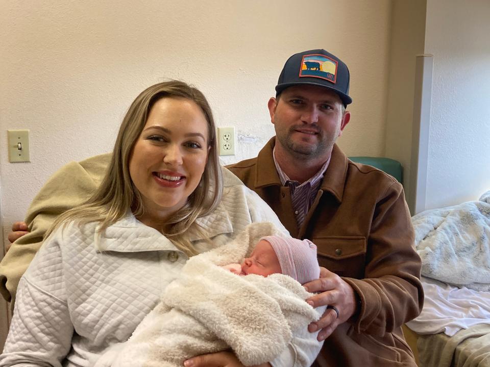Paisley Mae Pelfrey was born at 12:23 a.m. on Jan 1. 2024 as the New Year's baby for Yuma Regional Medical Center. Held in the arms of mom Hailey Pelfrey (left), next to dad Colt Pelfrey (right).