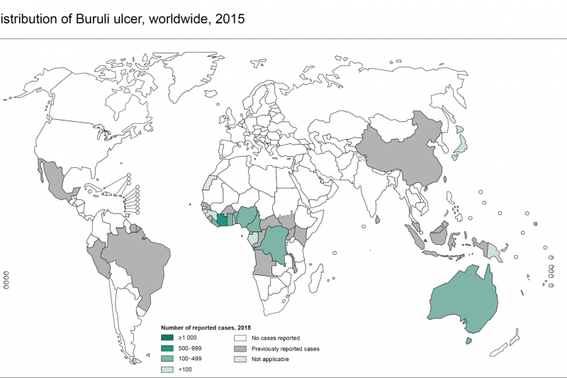 布如里氏潰瘍的世界分布地圖。澳洲與西非國家奈及利亞（Nigeria）的案例最多。（截圖自世界衛生組織）