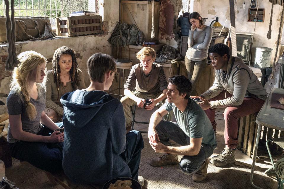 MAZE RUNNER: THE DEATH CURE, from left, Katherine McNamara, Nathalie Emmanuel, Jacob Lofland, Thomas Brodie-Sangster, Dylan O’Brien, Rosa Salazar, Dexter Darden, 2018. ph: Joe Alblas. TM and copyright ©20th Century Fox Film Corp. All rights reserved/courtesy Everett Collection.