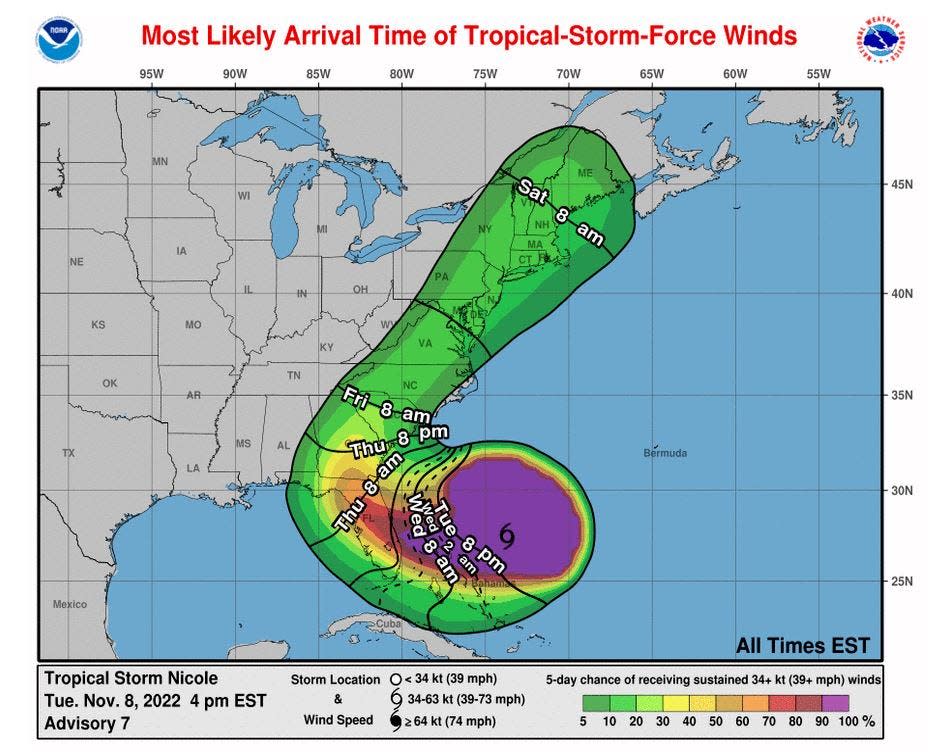 Most likely arrival time of tropical storm-force winds.