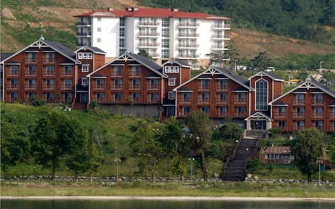 South Korean invested villas line the coastline of the Mount Kumgang resort, also known as Diamond Mountain, in North Korea. - Credit: AP
