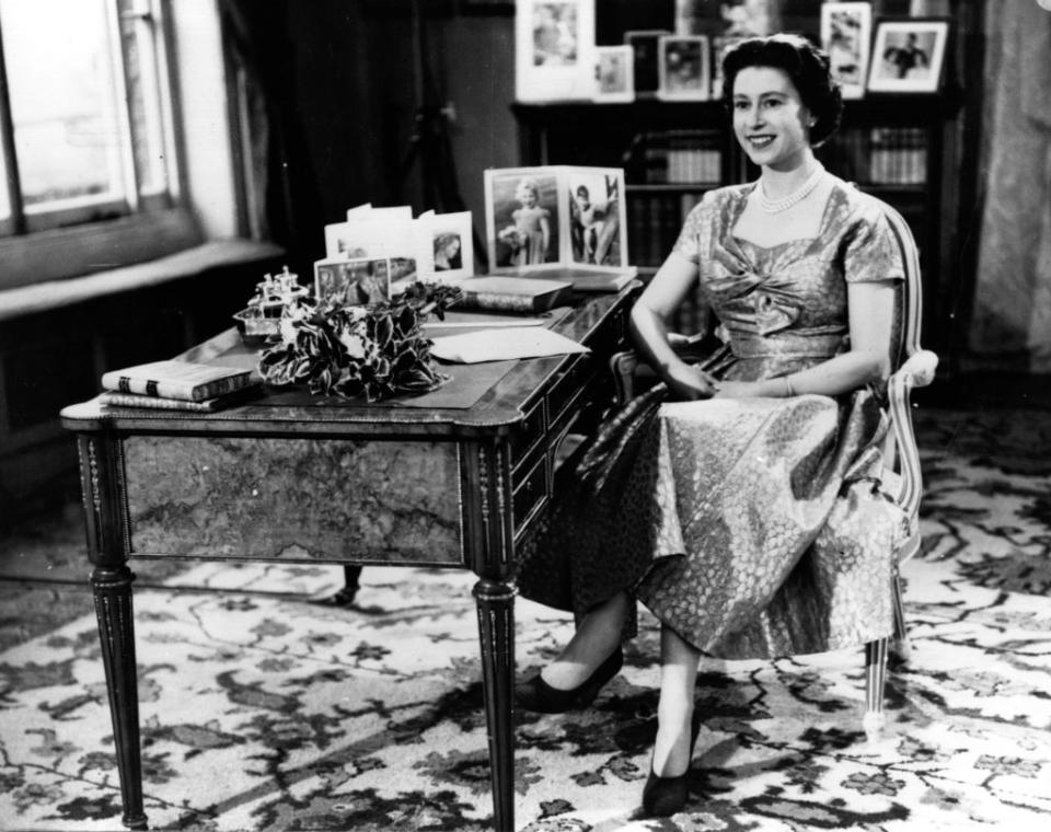 25th december 1957 queen elizabeth ii smiling towards the prince philip, duke of edinburgh just before the end of her first christmas day television speech to her nation photo by keystonegetty images