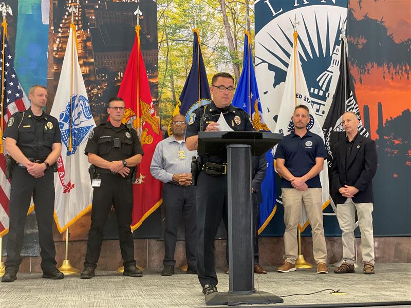 Lansing Police Chief Ellery Sosebee, center, is flanked by local and federal officials on July 4, 2023, as they provide an update on missing 2-year-old Wynter Cole Smith.