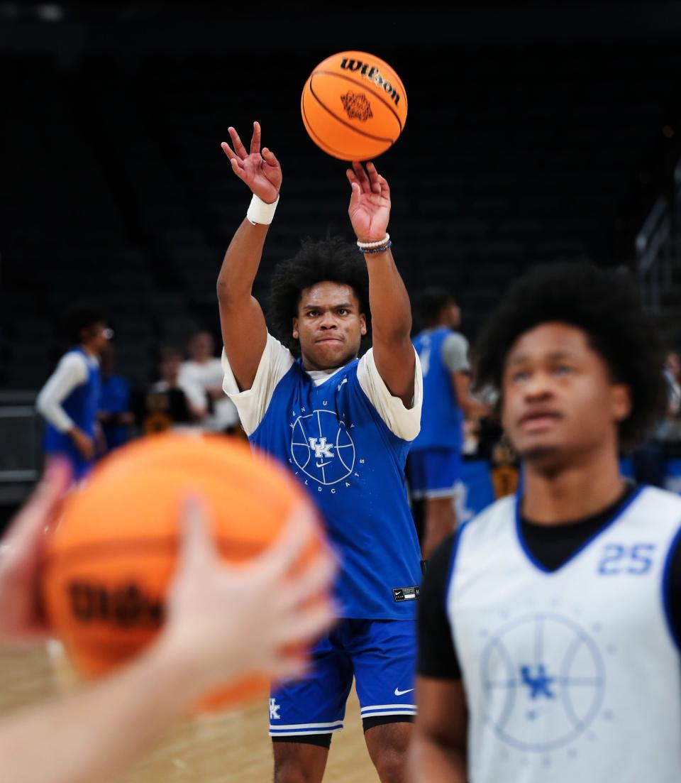 UK's Sahvir Wheeler (2) shoots a jumper during practice ahead of their NCAA Tournament match up against Saint Peter's at the Gainbridge Fieldhouse in Indianapolis, In. on Mar. 16, 2022.