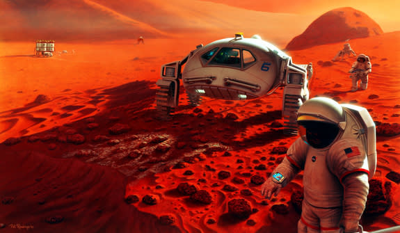 This artist's concept of a future Mars mission shows astronauts near a lander on the Red Planet.
