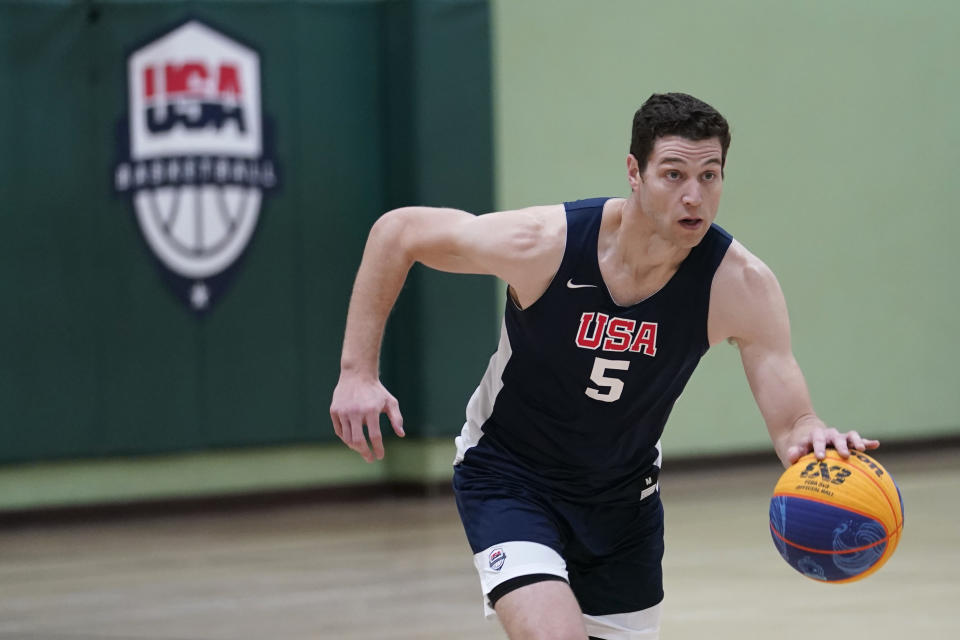 FILE - Jimmer Fredette practices for the USA Basketball 3x3 national team, Monday, Oct. 31, 2022, in Miami Lakes, Fla. The 35-year-old Fredette, who became a superstar at BYU and was the 10th overall pick in the 2011 NBA draft, headlines the American team. He began playing 3X3 in 2022 and was named USA Basketball Male Athlete of the Year in 2023. (AP Photo/Lynne Sladky, File)