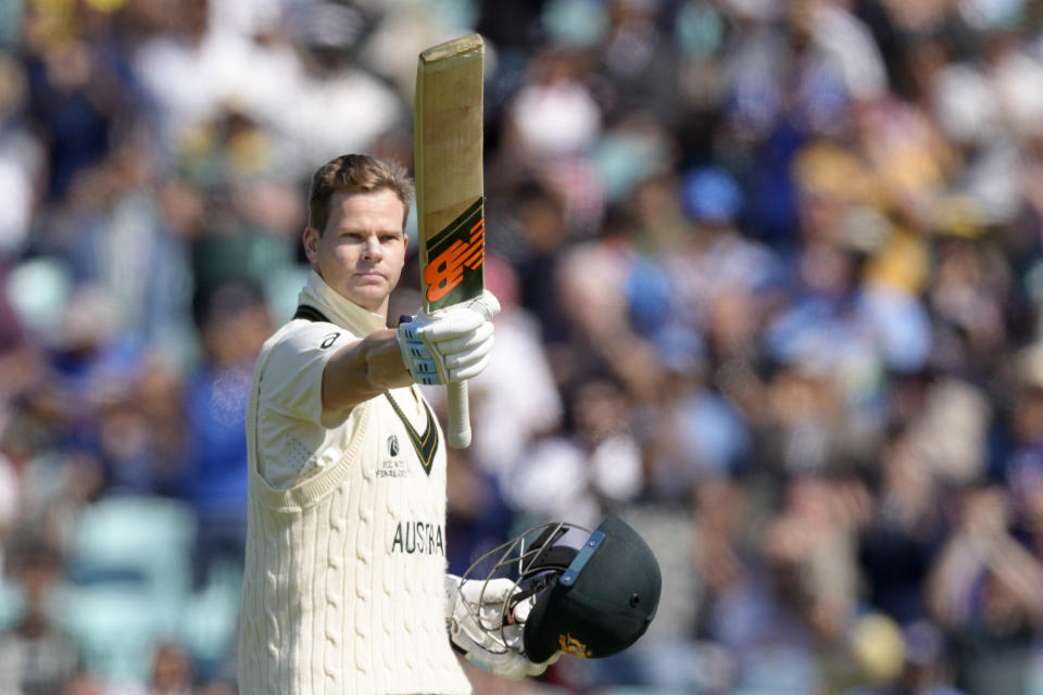 Australia's Steven Smith celebrates after scoring 100 runs not out on the second day of the ICC World Test Championship Final between India and Australia at The Oval cricket ground in London, Thursday, June 8, 2023. (AP Photo/Kirsty Wigglesworth)