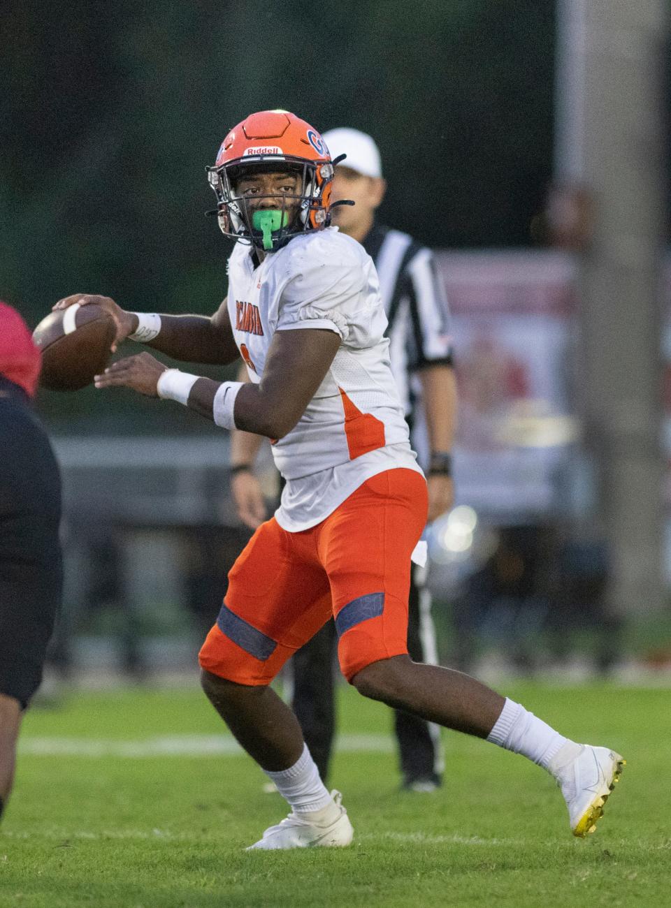 Quarterback Ammiel Steele (3) looks for an open receiver during the Escambia vs West Florida football game at West Florida High School in Pensacola on Friday, Aug. 26, 2022.