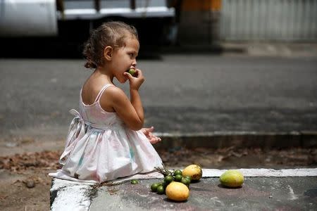 A girl eats a tropical fruit called "Mamon" while seated next to some mangoes on a street in La Fria, Venezuela, June 2, 2016. REUTERS/Carlos Garcia Rawlins