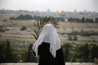A Catholic nun holds a palm frond as she looks across from the Mount of Olives toward Jerusalem's Old City and the Dome of the Rock on the compound known to Muslims as Noble Sanctuary and to Jews as Temple Mount, during a Palm Sunday procession, April 13, 2014. REUTERS/Finbarr O'Reilly (ISRAEL - Tags: RELIGION SOCIETY TPX IMAGES OF THE DAY)