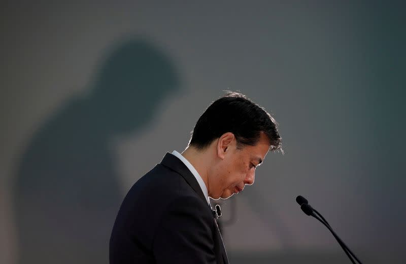 FILE PHOTO: Nissan Motor Co CEO Makoto Uchida attends a news conference at the company's headquarters in Yokohama