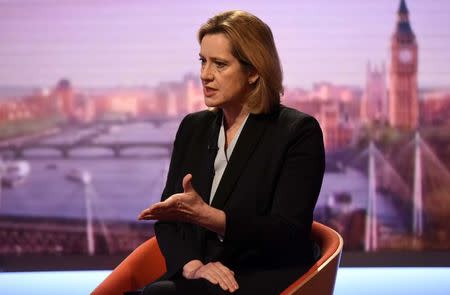 Britain's Home Secretary Amber Rudd is seen appearing on the BBC's Andrew Marr Show in this photograph received via the BBC in London, Britain March 26, 2017. Jeff Overs/BBC/Handout via REUTERS