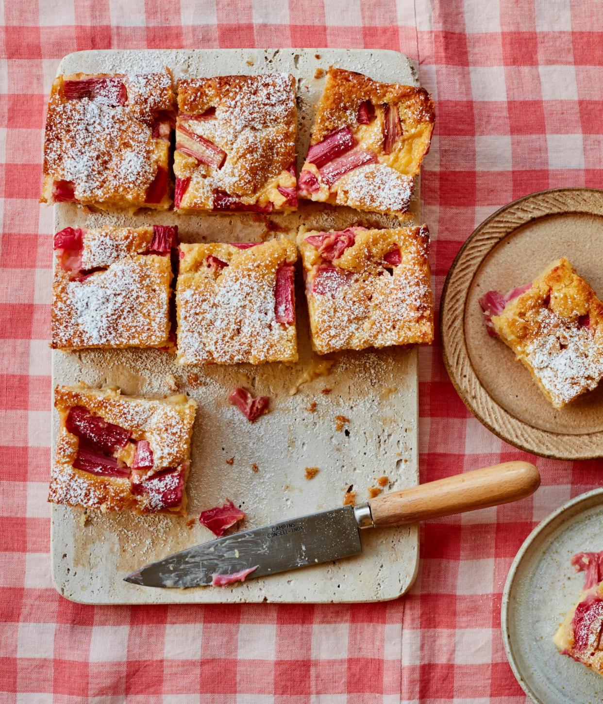 <span>Ravneet Gill's rhubarb and custard traybake.</span><span>Photograph: Laura Edwards/The Guardian. Food stylist: Benjamina Ebuehi. Prop stylist: Anna Wilkins. Food assistant: Lara Cook.</span>