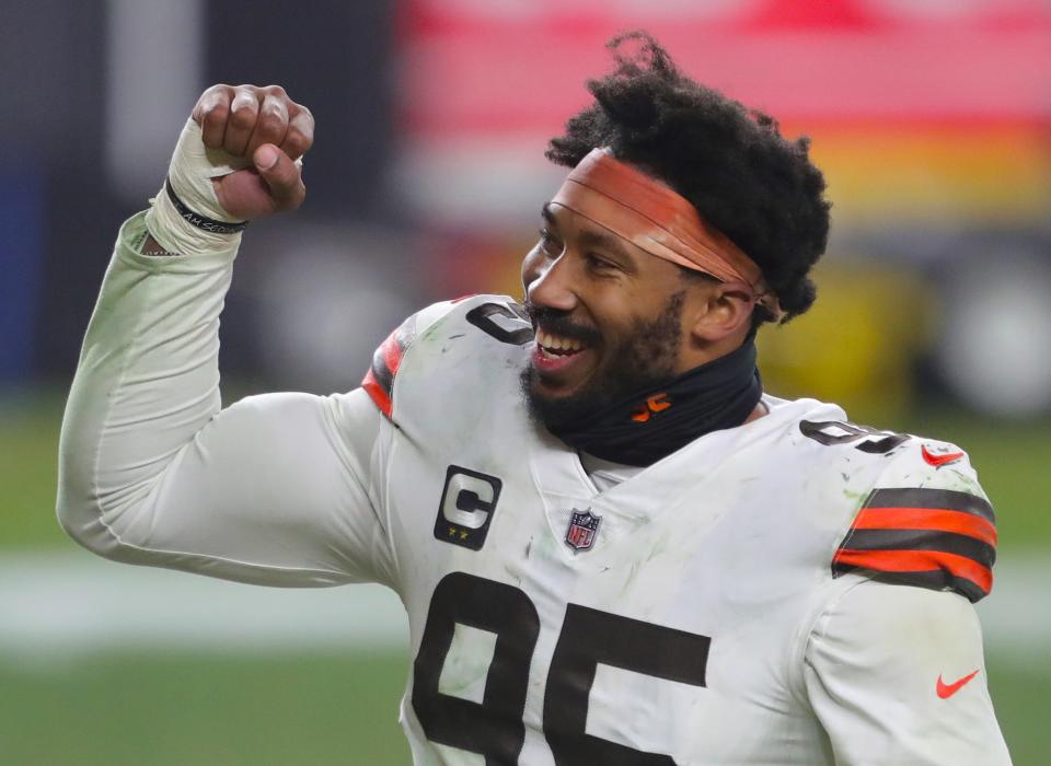 Cleveland Browns defensive end Myles Garrett pumps his fist after beating the Pittsburgh Steelers in the wild-card game.